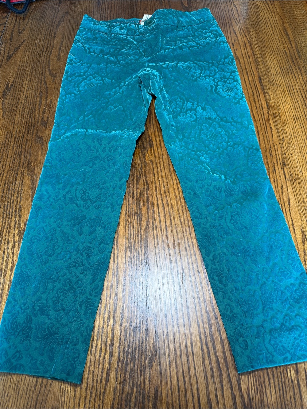 Cigarette Pants Anthropologie Velvet Burnout Teal Floral Cartonnier Size 6 - Picture 3 of 16